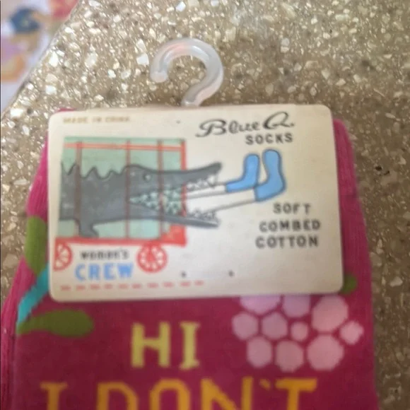 Blue Q Pink Crew Socks with Colorful Text and Floral Design - Picture 6 of 6